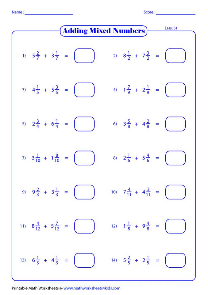 Adding Whole Numbers And Mixed Numbers Worksheets