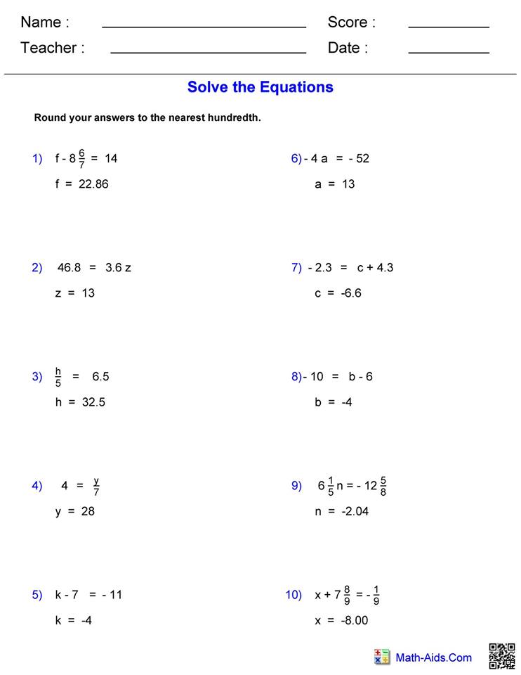 simple math equation worksheets